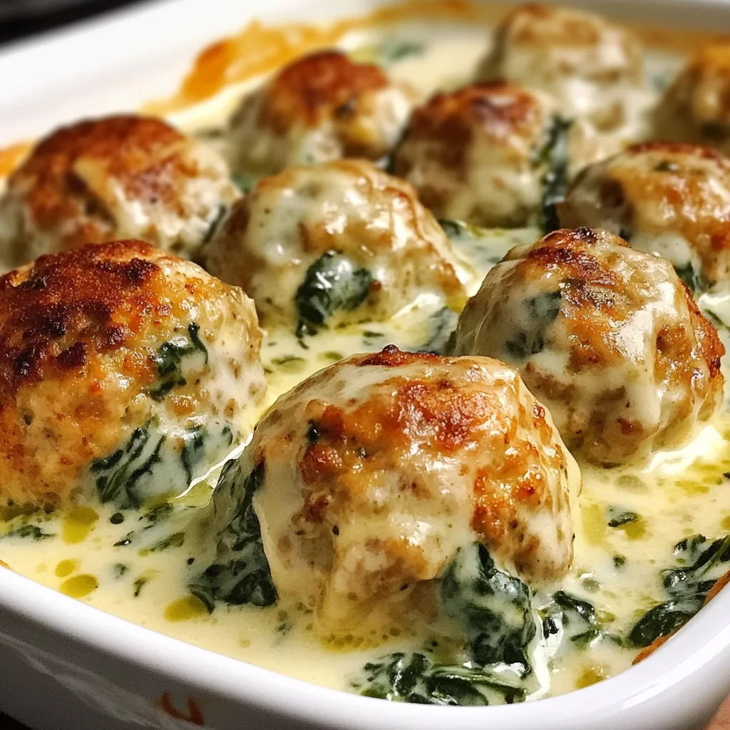Baked Chicken Ricotta Meatballs with Spinach Alfredo Sauce