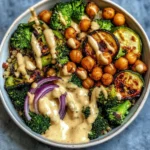 Roasted Veggie Chickpea Bowls with Maple Dijon Tahini Dressing