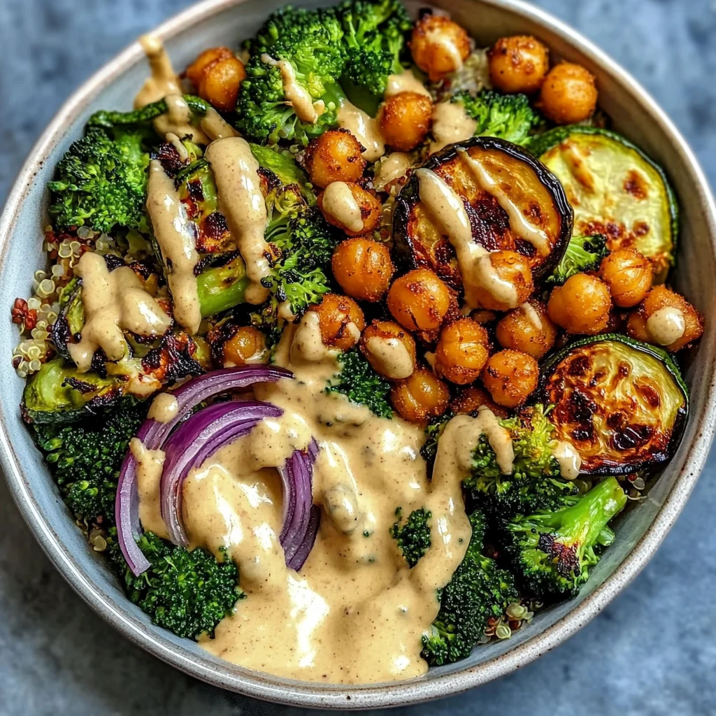 Roasted Veggie Chickpea Bowls with Maple Dijon Tahini Dressing