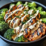 Grilled Chicken & Broccoli Bowls with Creamy Garlic Sauce
