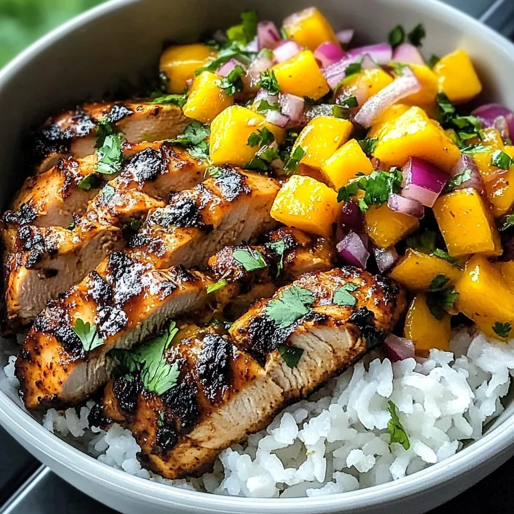 Jerk Chicken Bowls with Mango Salsa and Coconut Rice