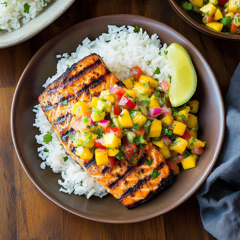 Irresistible Grilled Salmon with Mango Salsa & Coconut Rice